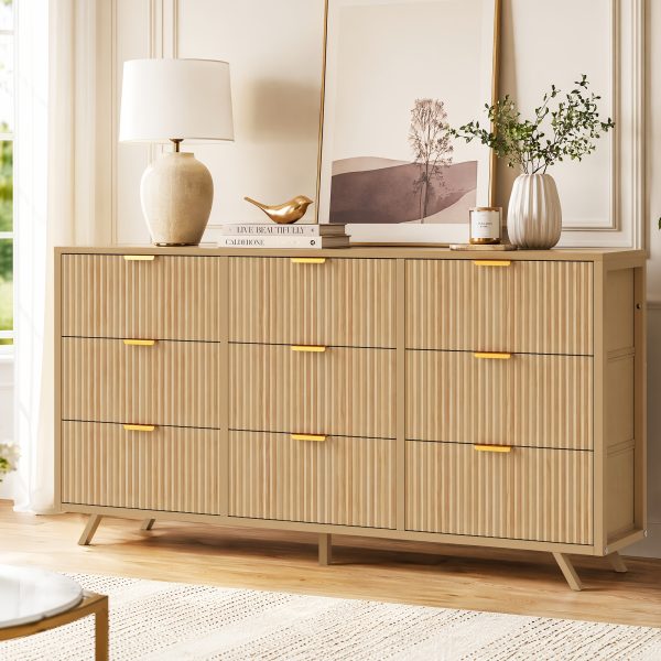 Bedroom Dresser with 9 Drawers, 57" Wide Modern Chest of Drawers, Wooden Dresser TV Stand, Wood Closet Clothes Storage Organizer for Living Room, Hallway, Natural Oak