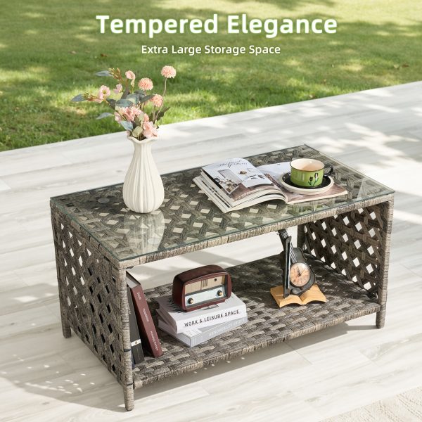 4pcs Outdoor Seating Arrangement, Durable Grey Rattan Garden Furniture Collection, Wicker Sofa with Chairs And Coffee Table, High-Back Rattan Loveseat with Comfortable Cushions for Patio, Available in 3 Fabric Color Choices