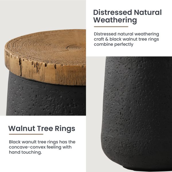 [Round Accent Table] Small Jar Cylinder Tree Ring Side Table, Black Magnesium Oxide End Table with Wood Grain Top - Round Accent Table for Living Room, Bedroom, Balcony