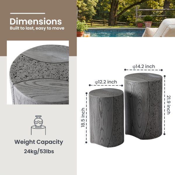 Modern Sculptural Mgo Outdoor Side Table, Grey Faux Wood And Stone Cylinder Nesting Table Set, Weather-Proof Concrete Garden Stool for Patio Living Room