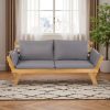 Outdoor Seating Arrangement Featuring a Wooden Sofa Bed with Adjustable Settings, Complete with Plush Cushions, Ideal for Two Individuals, Perfect for Small Spaces Like Balconies, Backyards, Or by The Pool