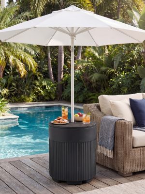 14.6in Patio Umbrella Base Side Table, Black Outdoor Umbrella Stand with Tabletop - 2-in-1 Heavy Duty Umbrella Holder And Accent Table for Garden, Deck, Poolside, Beach