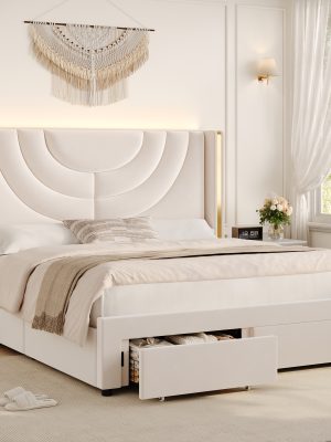 FULTRU Upholstered LED Bed Frame in Full, Queen, Or King Size with Two Storage Drawers, Velvet Platform Bed Featuring a Wingback Headboard, Sturdy Wooden Slats for Support, No Need for a Box Spring, Headboard with a Splicing Design