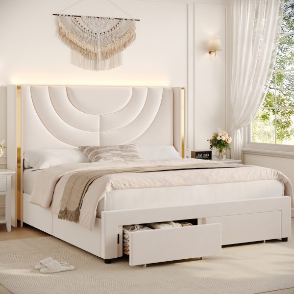 product-fancy-2810e43c-916f-4e7c-b5f5-cd108af6b98e FULTRU Upholstered LED Bed Frame in Full, Queen, Or King Size with Two Storage Drawers, Velvet Platform Bed Featuring a Wingback Headboard, Sturdy Wooden Slats for Support, No Need for a Box Spring, Headboard with a Splicing Design