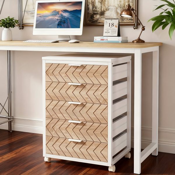 product-fancy-2894fc29-76a0-48e0-81b4-6f1b25e72d93 5-Drawer Beige & White Wood Mobile File Cabinet, Industrial Rolling Printer Stand with Herringbone Pattern for Home Office Storage, Durable Engineered Wood Design