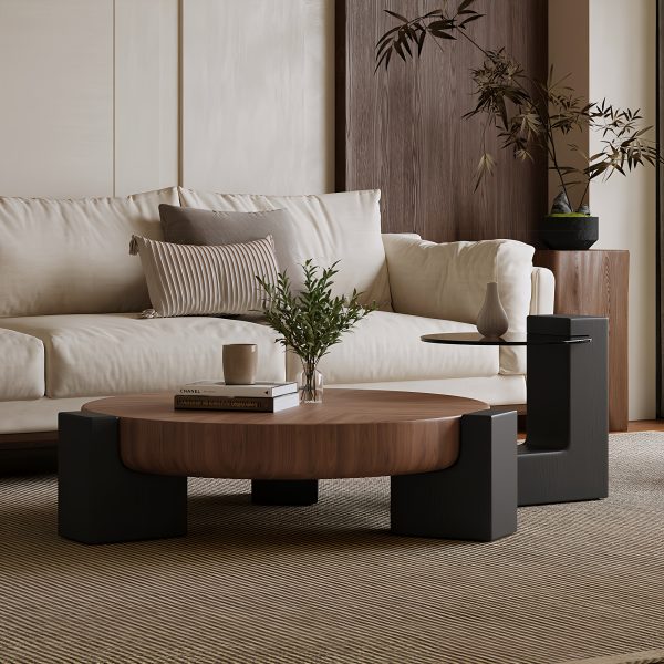 2pcs Set of Modern Round Wood Coffee Table with Geometric Leg Design