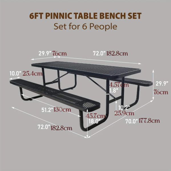 4/6FT Heavy-Duty Metal Picnic Tables For Outdoor, Rectangular Commercial 4-6-Person Picnic Tables With Bench, Expanded Picnic Table And Bench Set, Outside Furniture Set For Yard, Outside, Garden, Backyard, Porch, Patio, Lawn, Black, Weather Resistant