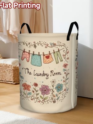 1pc Laundry Basket with Cute Floral & Clothespin Design - High-Capacity Foldable Hamper, Durable Polyester Fabric Storage Bin with Sturdy Handle for Bedroom, Bathroom, Dorm Organization (Beige)