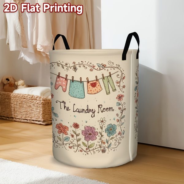 product-fancy-29361fad-f496-4c4e-8870-7c61597ba0dc 1pc Laundry Basket with Cute Floral & Clothespin Design - High-Capacity Foldable Hamper, Durable Polyester Fabric Storage Bin with Sturdy Handle for Bedroom, Bathroom, Dorm Organization (Beige)
