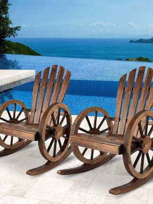 Outdoor Wood Rocking Chair Set Of 2 - Patio Wagon Wheel Rocking Chair 2pcs, Rustic Rocker Single Chairs for Country, Yard, Porch