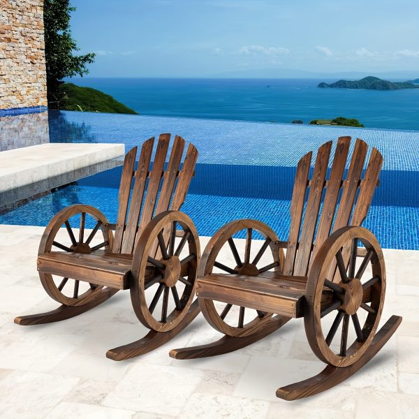 Outdoor Wood Rocking Chair Set Of 2 - Patio Wagon Wheel Rocking Chair 2pcs, Rustic Rocker Single Chairs for Country, Yard, Porch