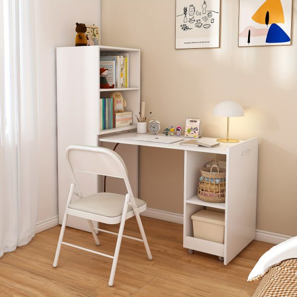 product-fancy-2980909b-e61d-43bb-b553-4ed39dbffd6c Foldable Stretchable Adjustable Height Desk with Mobile Wheels & Storage Shelves - Space-Saving Heavy-Duty PVC Frame, Walnut for Office, Small Apartments, Dorm Rooms - Easy Assembly Freestanding Writing Table