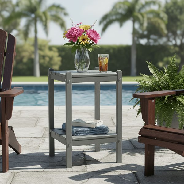Outdoor HDPE Double-layer High Side Table, Leisure Side Table with Double-Layer Storage Design, Multifunctional Small Coffee Table, for Courtyard, Pool, Terrace And Balcony, Gray