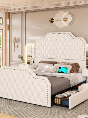 Queen Size Bed Frame with 2 Nightstands with Mirror, Modern Platform Bed Frame with 53" Tall Headboard and 4 Storage Drawers