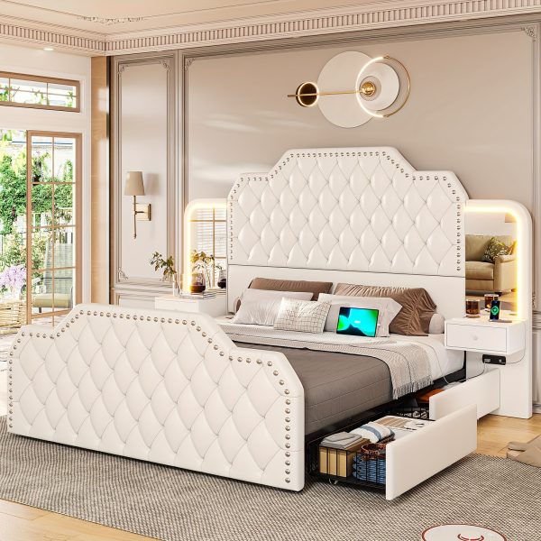 product-fancy-29fc16b6-d2e0-42d8-a1c8-e872457ca791 Queen Size Bed Frame with 2 Nightstands with Mirror, Modern Platform Bed Frame with 53" Tall Headboard and 4 Storage Drawers