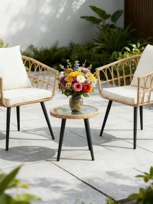 Rattan Patio Bistro Set | Outdoor Balcony Furniture, Table and Chair Set, Suitable for Porch Backyard Patio, Yellow/Beige