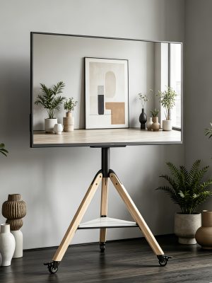 AESOME Universal Swivel Tripod Easel TV Stand for 40-75 Inch LED LCD Screen Height Adjustable Studio TV Display Stand with Sintered Stone Shelf for Bedroom, Living Room Max Load 88lbs, 600*400mm