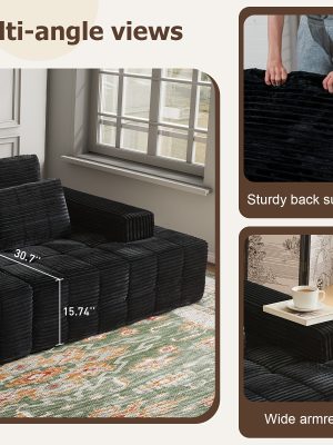 L Couch Sofa Sectional for Sofa Living Room Convertible Couch Bed with Deep Seats Lounge Chairs, Corduroy, Boneless Sectional Couches, Living Room/Bedroom - Modular Living Room Furniture Set Ideal Multifunctional Couch - No Assembly Required (Black