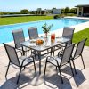 7pcs Outdoor Table And Chairs for 6, Outdoor Dining Set W/Rectangle Glass Table And 6 Patio Textilene Stackable Chairs, Patio Furniture Set W/Umbrella Hole, Umbrella Not Included