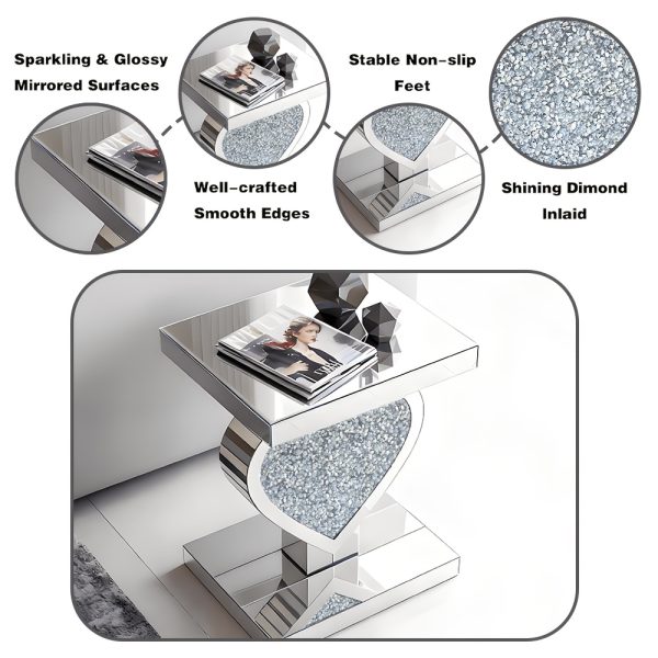 product-fancy-2a7a4cf7-eeaa-4e49-b29a-880f64465de3 Crushed Diamond Silvery Mirror Base Heart Shaped Side Table, Mirror Finish Decorative Table for Bedroom, Entryway, Living Room.Small Mirrored Coffee Table