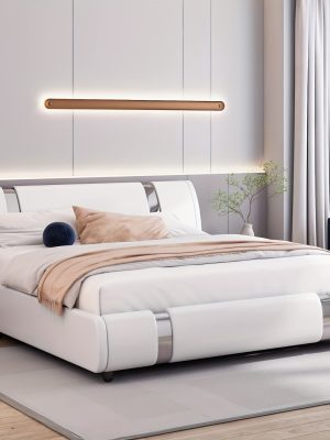 Contemporary Platform Bed Frame Made of Faux Leather, Featuring Iron Metal Accents, an Adjustable Headboard, And Wooden Slats for Support, Eliminating The Need for a Box Spring