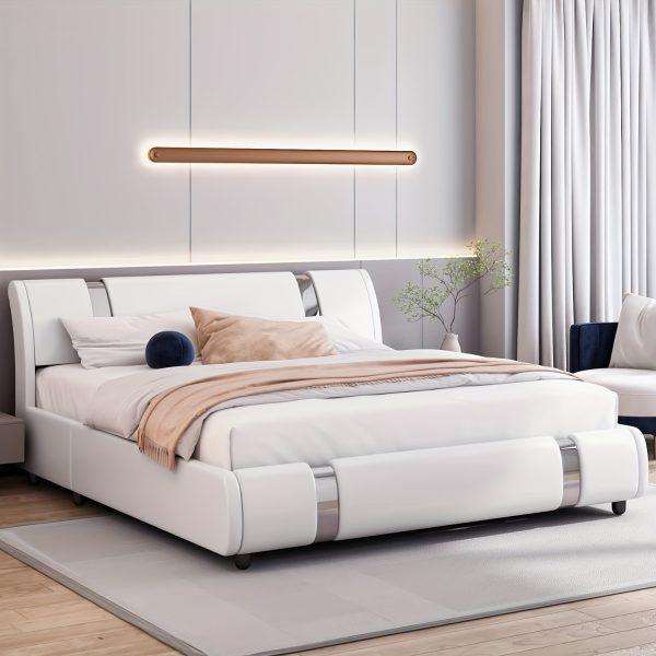 Contemporary Platform Bed Frame Made of Faux Leather, Featuring Iron Metal Accents, an Adjustable Headboard, And Wooden Slats for Support, Eliminating The Need for a Box Spring