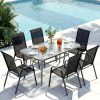 7pcs Outdoor Table And Chairs for 6, Outdoor Dining Set W/Rectangle Glass Table And 6 Patio Textilene Stackable Chairs, Patio Furniture Set W/Umbrella Hole, Umbrella Not Included