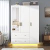 product-fancy-2b9aa29b-1468-49ce-8c5b-897c31ceb243 3 Doors Armoire Wardrobe Closet with Mirror, LED Armoire with Doors And Drawers, Wooden Armoire Storage Cabinet with Hanging Rod, Adjustable Shelves