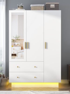 3 Doors Armoire Wardrobe Closet with Mirror, LED Armoire with Doors And Drawers, Wooden Armoire Storage Cabinet with Hanging Rod, Adjustable Shelves