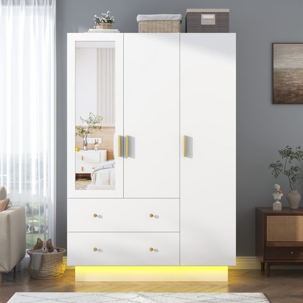product-fancy-2b9aa29b-1468-49ce-8c5b-897c31ceb243 3 Doors Armoire Wardrobe Closet with Mirror, LED Armoire with Doors And Drawers, Wooden Armoire Storage Cabinet with Hanging Rod, Adjustable Shelves