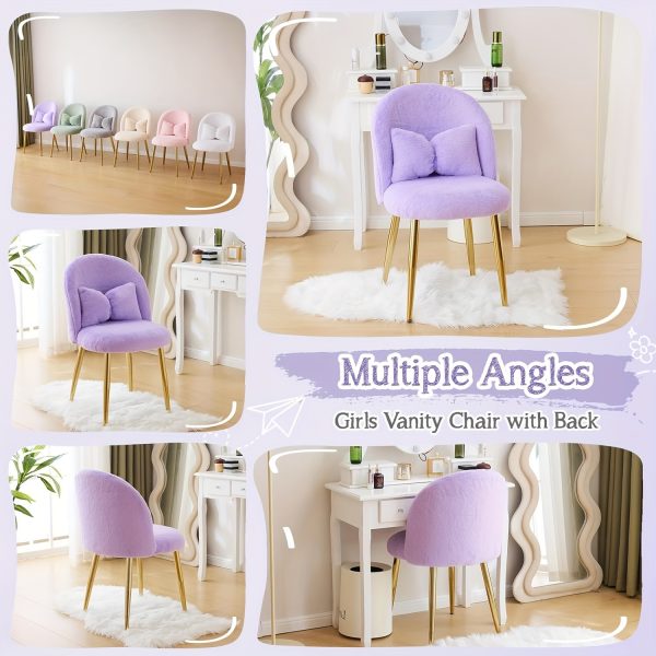 product-fancy-2bb42c40-a978-4552-ae9d-dc662c5482a7 Girls Vanity Chair with Backrest, Small Lounge Chair Without Wheels, Comfy Chair with Bow Cushions, Makeup Chair with Adjustable Golden Legs, Comfortable Chair for Bedroom, Living Room, Small Space