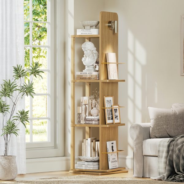 product-fancy-2bdddc00-db70-48d6-b106-19f2154f2356 4-Tier Rotating Bookshelf Tower with 360° Spinning Shelves - Natural Oak Wood Freestanding Bookcase Suitable for Small Spaces, Space-Saving Rolling Shelf for Home Office, Living Room, Assembly, Modern Square Bookcase for Books & Decor