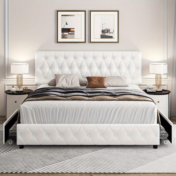 product-fancy-2c04f9dd-82d1-405e-beb8-399ef42de636 Modern Upholstered Bed Frame with 4 Storage Drawers, Platform Bed Frame with Button Tufted Headboard, Solid Wooden Slat Support