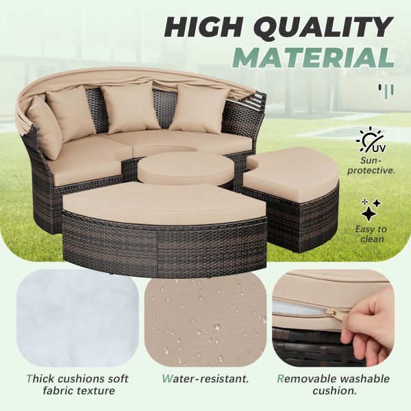 [Round Daybed With Canopy] Outdoor Patio Round Daybed With Retractable Canopy, Clamshell Sectional Seating Wicker Furniture With Washable Cushions For Backyard, Lawn, Poolside, Garden, And Outdoor Living Spaces, Brown