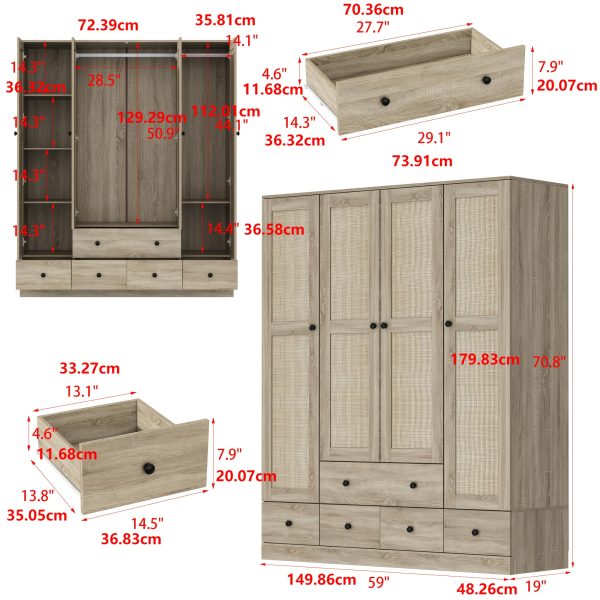 product-fancy-2c8e3551-472d-4355-aff4-5689b95f874f 4-Door Wooden Armoire Wardrobe Closet with 5 Drawers, Checkered Storage Area & Hanging Rods, Clothes Organizer for Bedroom, Modern Design