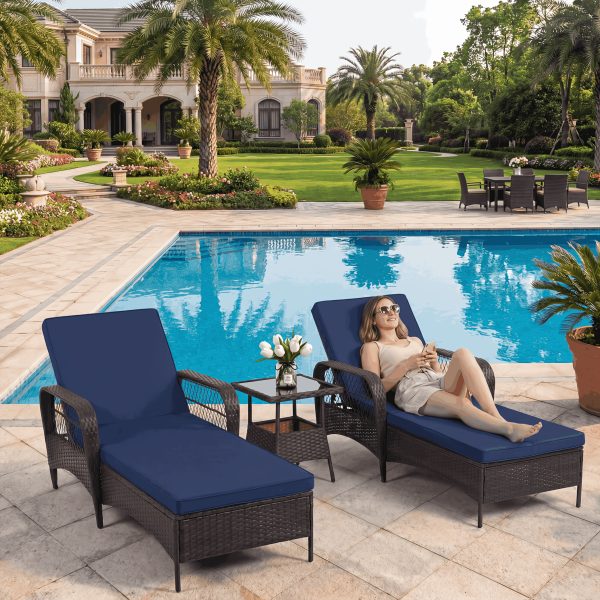 [3pcs Wicker Chaise Set] LEVELEVE 3pcs Outdoor Wicker Chaise Lounge Set with Foam Cushions & Tea Table - All-Weather PE Rattan Recliner Chairs Suitable for Backyard, Poolside, Patio Furniture, Adjustable Chaise Loungers for Deck, Porch, Garden