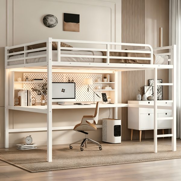 product-fancy-2cb64d37-4b02-417a-ac74-7c547aefc12c BELLEMAVE Queen Size Heavy-Duty Metal Loft Bed Frame with Built-In Desk, Side Ladder And Full Safety Guardrails, Noise-Reduced Loft Bed, No Box Spring Required, Modern Bedroom Furniture for Small Apartments, Off White