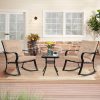 [Outdoor Rocking Chairs] 3pcs Outdoor Rocking Chairs Bistro Set, Black Iron Patio Furniture With Red Thickened Cushion & Glass-Top Coffee Table