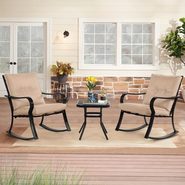 [Outdoor Rocking Chairs] 3pcs Outdoor Rocking Chairs Bistro Set, Black Iron Patio Furniture With Red Thickened Cushion & Glass-Top Coffee Table