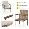 Patio Dining Set Outdoor, Wicker Chairs with Aluminum Frame and Olefin Cushions, Large Wooden Dining Table with Umbrella Hole, Patio Table and Chairs for Yard Garden Porch
