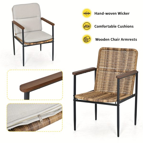 Patio Dining Set Outdoor, Wicker Chairs with Aluminum Frame and Olefin Cushions, Large Wooden Dining Table with Umbrella Hole, Patio Table and Chairs for Yard Garden Porch