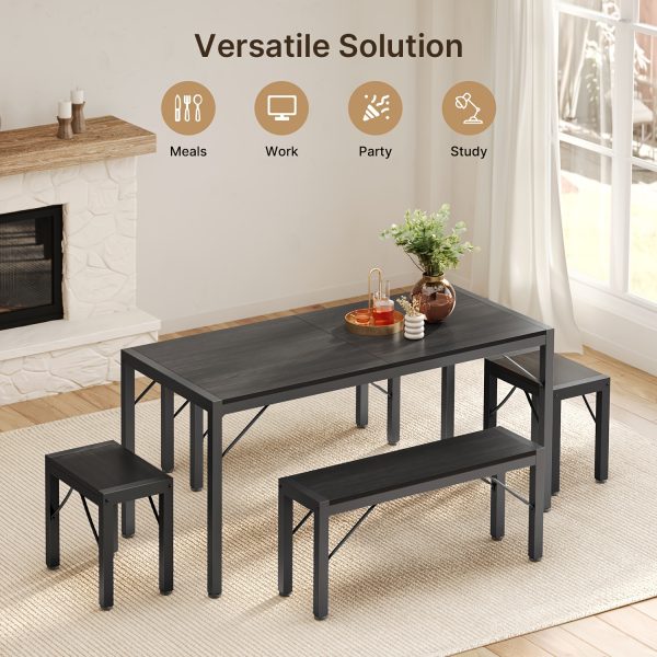 product-fancy-2e0ed482-879c-46e8-9636-b33af5466fe1 Non-Folding 5pcs Indoor & Outdoor Dining Table Set, 6 Seater Patio Kitchen Table with 2 Benches & 2 Stools, Industrial Space-Saving Set for Picnic, Camping, Backyard