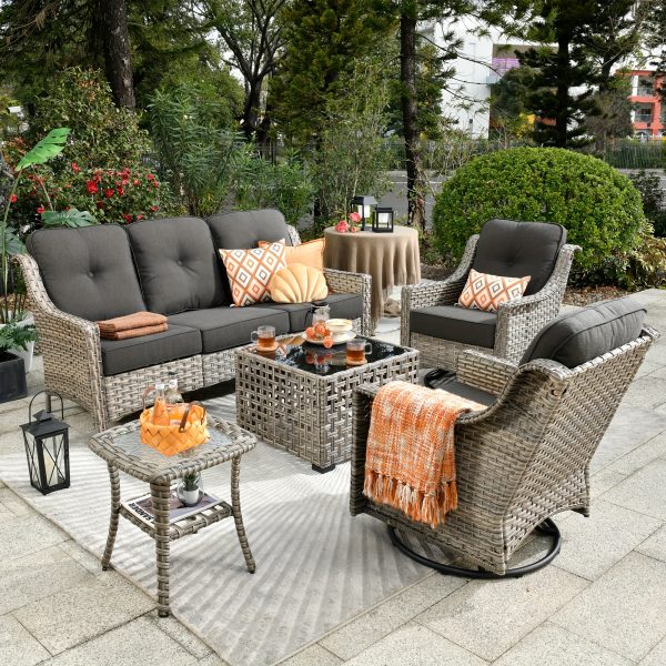 product-fancy-2e136444-8dee-403b-a149-e63341b93ea3-1 5pcs Outdoor Patio Furniture Set with 2 Swivel Chairs, 1 Outside Sofa, 1 Side Table and 1 Solar Lighting Glass Coffee Table - All-Weather Wicker Patio Conversation Set Modern Design for Garden, Deck, and Porch Decor