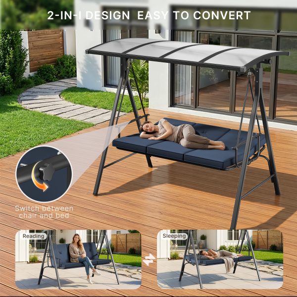 product-fancy-2e7020b3-e966-4c40-8121-a96fbf7cdba2 3-Seat Porch Swing Chair with Stand - Convertible to Adult Swing Bed, Adjustable UV-Protected Canopy & Thick Cushion, 750lbs, Flat Bed (Red/Blue/Dark Gray) for Porch, Backyard, Garden & Balcony