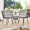 3pcs Bistro Set, Modern Furniture with Tempered Glass Table Top, 2 Chairs, Outdoor Wicker Patio Set, Washable Cushions,