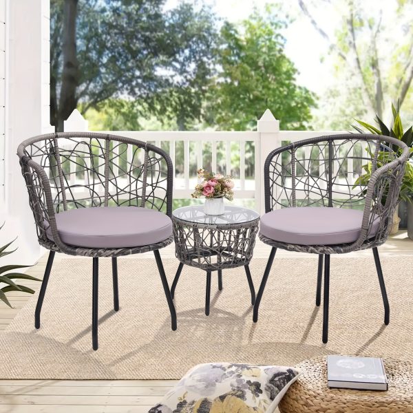 3pcs Bistro Set, Modern Furniture with Tempered Glass Table Top, 2 Chairs, Outdoor Wicker Patio Set, Washable Cushions,