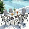 7pcs Outdoor Table And Chairs for 6, Outdoor Dining Set W/Rectangle Glass Table And 6 Patio Textilene Stackable Chairs, Patio Furniture Set W/Umbrella Hole, Umbrella Not Included