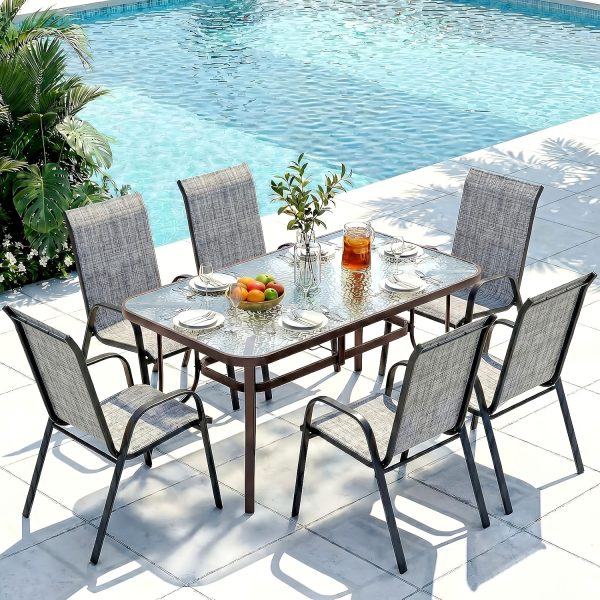 7pcs Outdoor Table And Chairs for 6, Outdoor Dining Set W/Rectangle Glass Table And 6 Patio Textilene Stackable Chairs, Patio Furniture Set W/Umbrella Hole, Umbrella Not Included