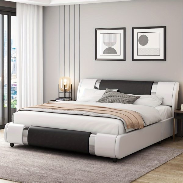 Contemporary Platform Bed Frame Made of Faux Leather, Featuring Iron Metal Accents, an Adjustable Headboard, And Wooden Slats for Support, Eliminating The Need for a Box Spring