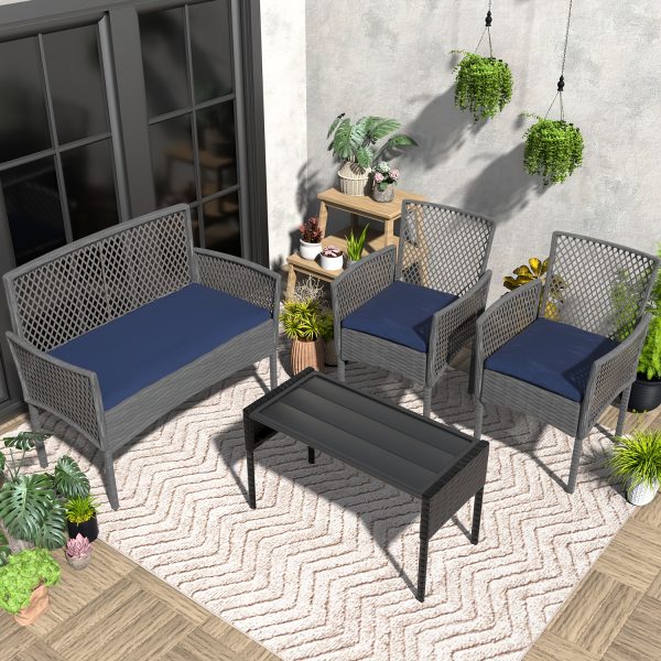 [Outdoor Rattan Set] 4pcs Outdoor Wicker Patio Furniture Set Rattan Conversation Group With Cushions, Coffee Table For Porch, Garden, Poolside & Backyard, Black - Patio Furniture Outdoor